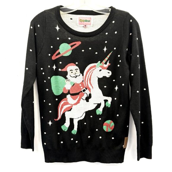 TIPSY ELVES Mens Santa Sweater Black Ugly Christmas Unicorn Size M Long Sleeves - Picture 1 of 9